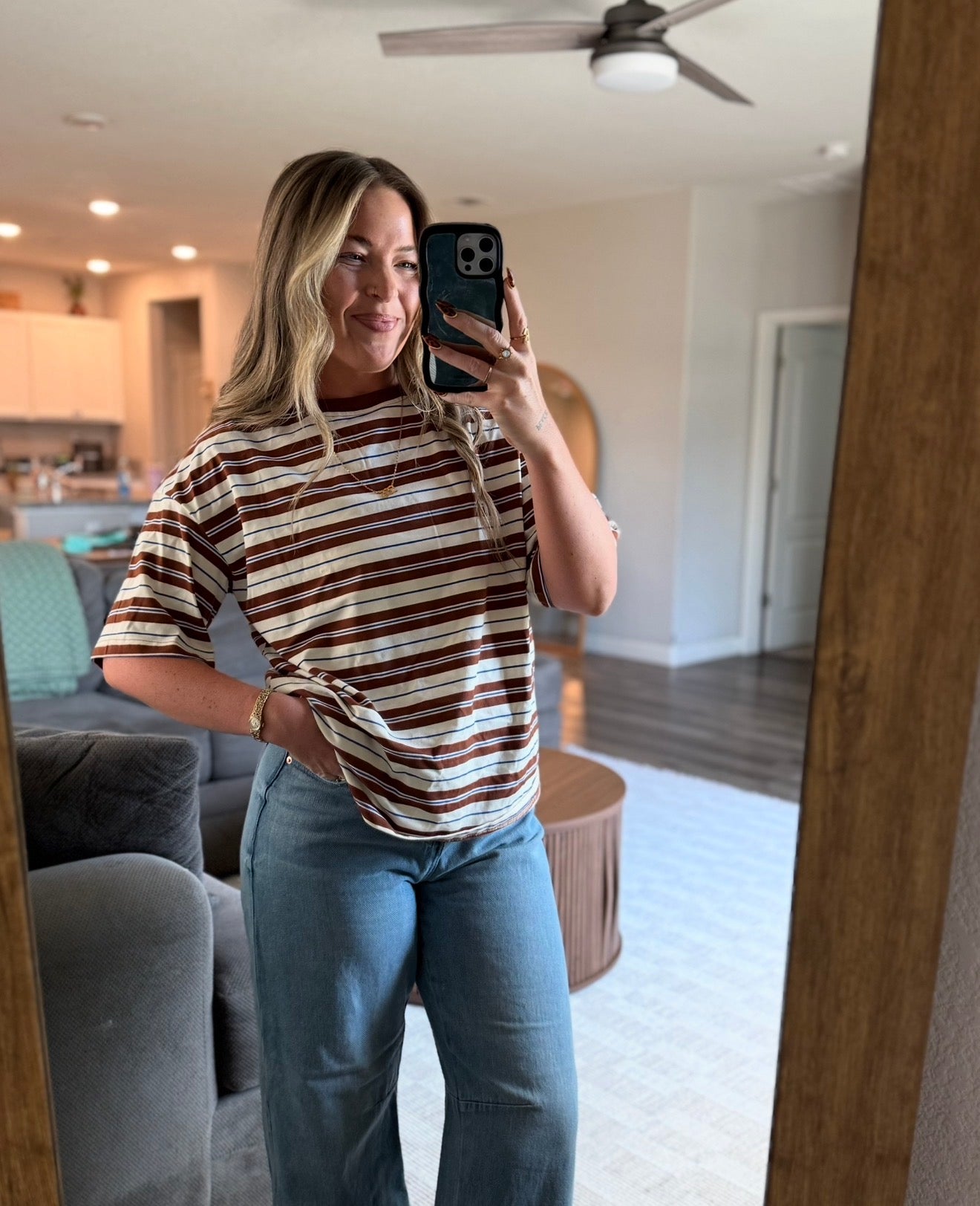Brown Contrast Striped Boyfriend Tee
