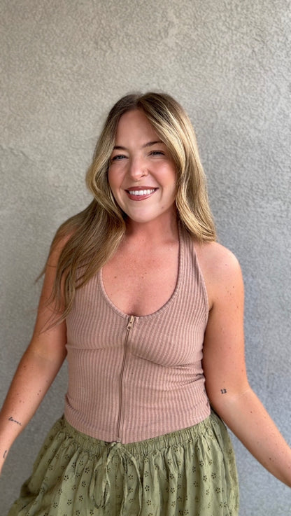 Front-Zip Up Halter Rib Top