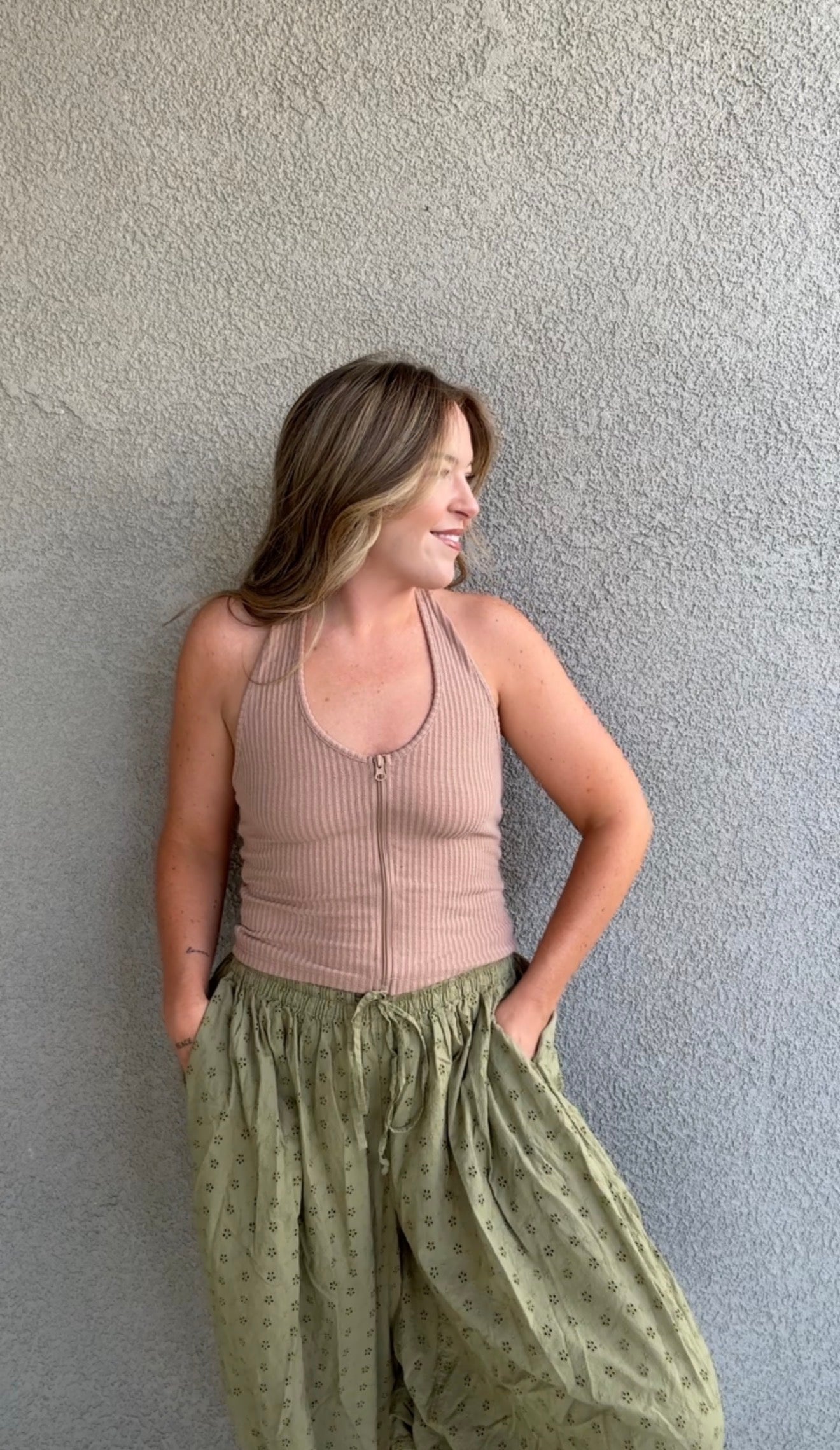 Front-Zip Up Halter Rib Top