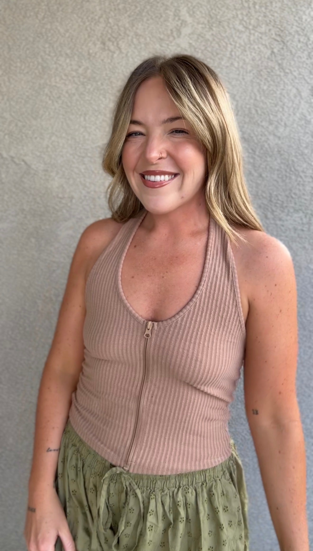 Front-Zip Up Halter Rib Top