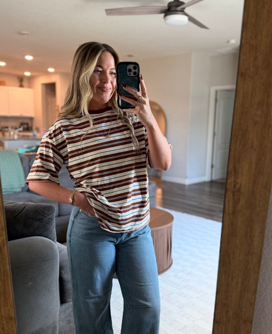 Brown Contrast Striped Boyfriend Tee