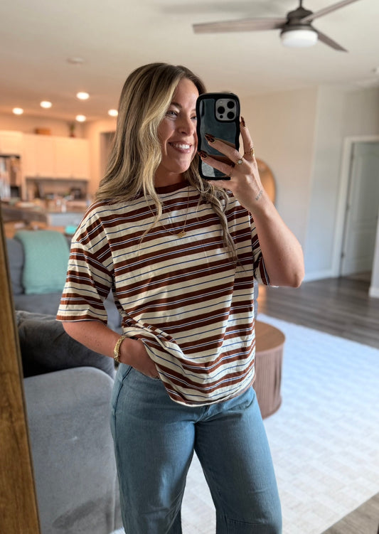 Brown Contrast Striped Boyfriend Tee