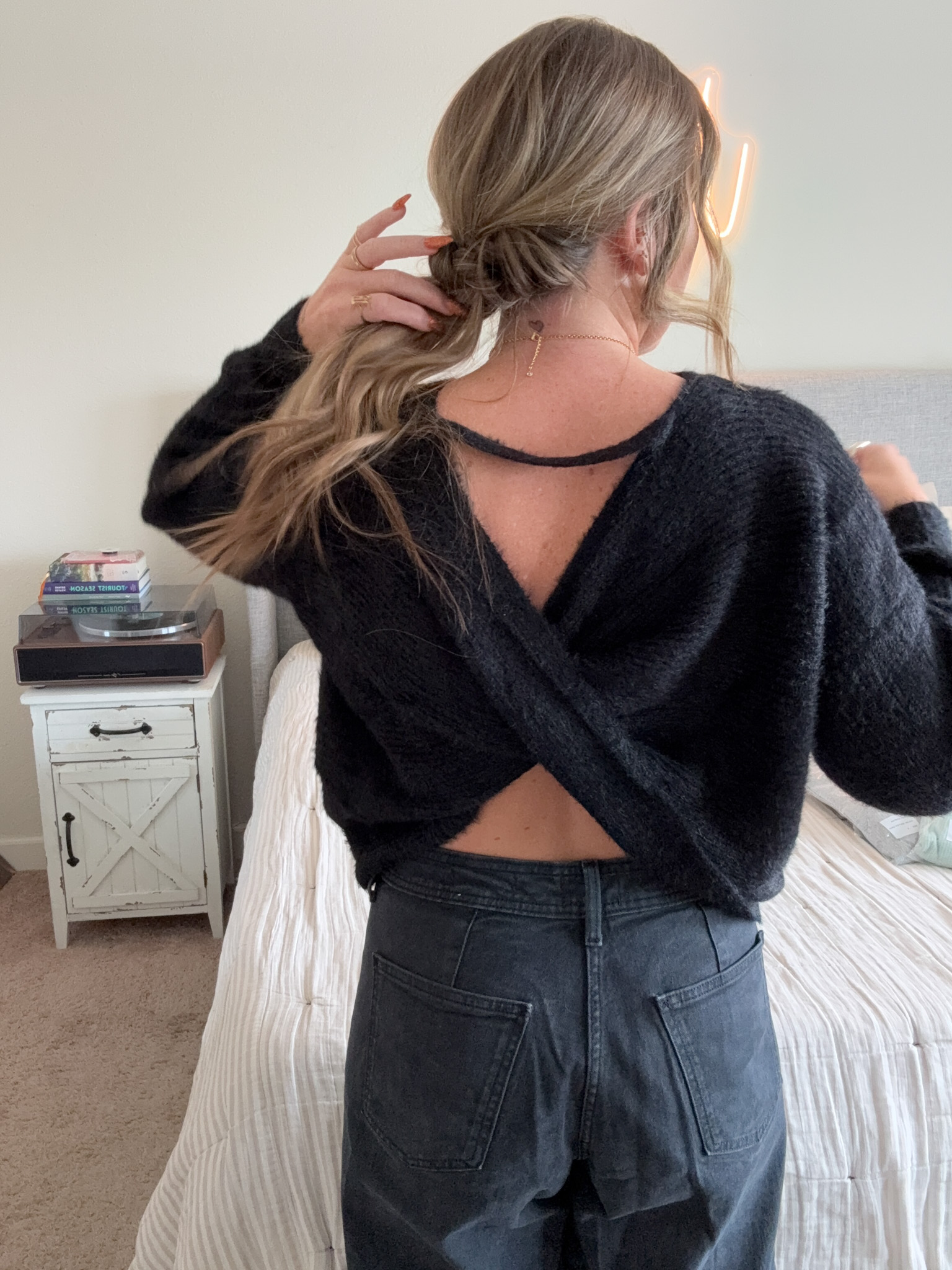 Fuzzy Sweater With Open Back Detail