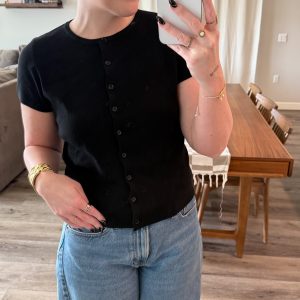 Button Front Short Sleeve Knit Top